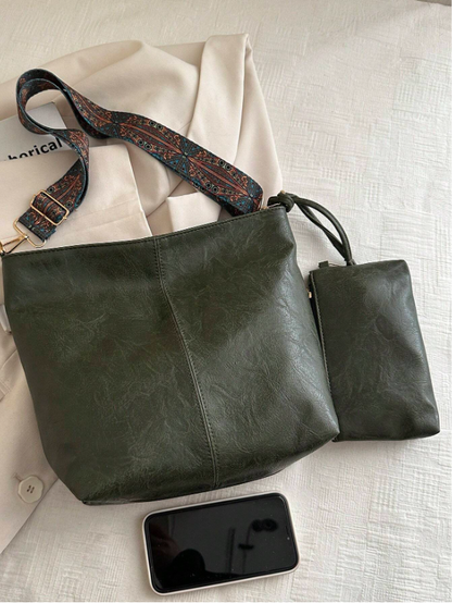 Summer PU Leather Tote Bag – Crossbody Shoulder Bucket Bag with Chain Detail & Large Capacity