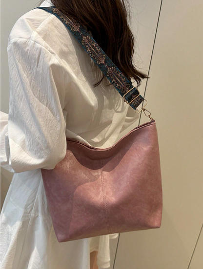 Summer Shoulder Tote Bucket Bag – Large Capacity PU Leather Handbag with Adjustable Strap & Chic Chain Detail