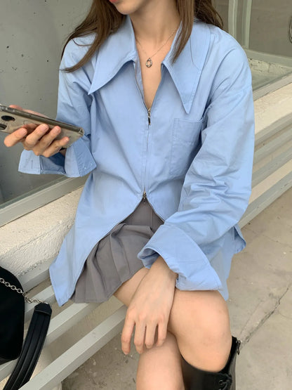 Korean Style Oversized Zipper Shirt for Women | Long Sleeve Minimalist Lapel Top | Trendy Look