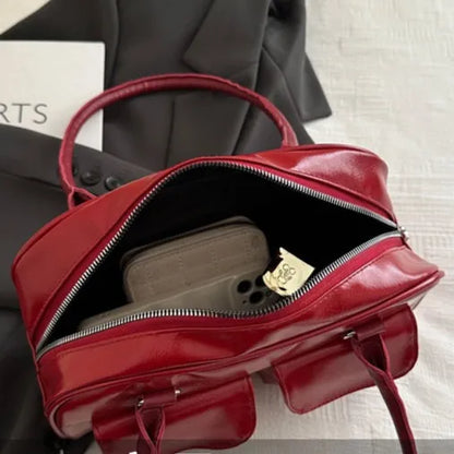 PU Leather Shoulder Handbag – Luxe Gloss Finish & Dual Front Pockets