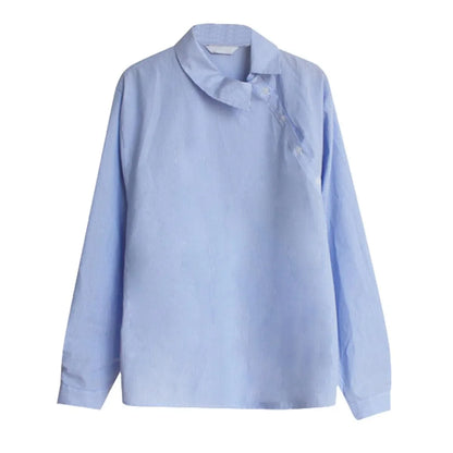 Korean Style Plaid Shirt for Women | Asymmetrical Button Long Sleeve Pastel Blouse | Light Blue Cotton Casual Top