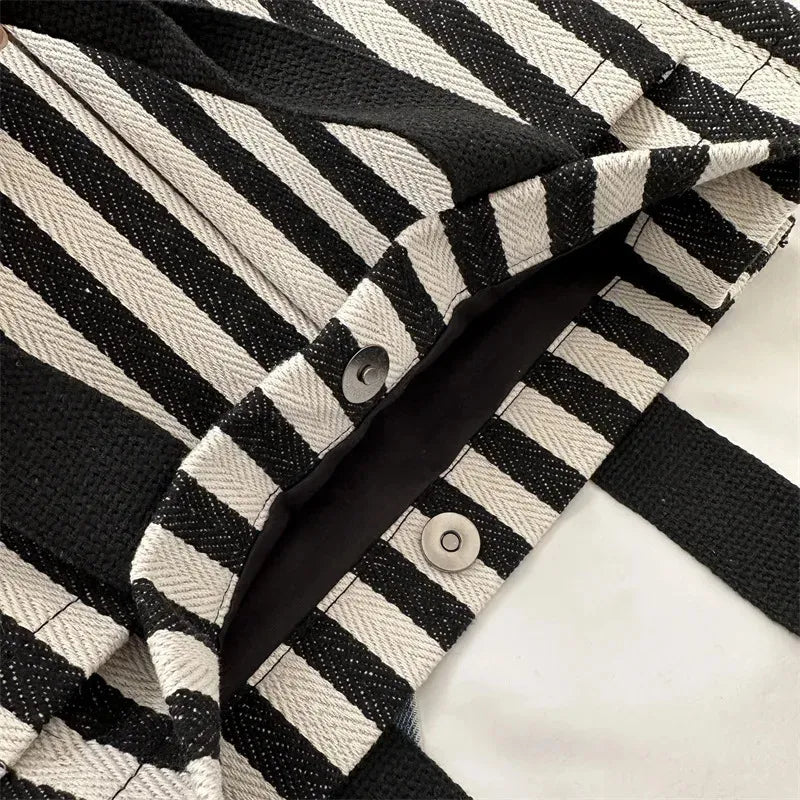 Women’s Striped Canvas Tote Bag – Large Capacity Shoulder & Crossbody Travel Handbag with Magnetic Closure