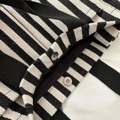 Women’s Striped Canvas Tote Bag – Large Capacity Shoulder & Crossbody Travel Handbag with Magnetic Closure