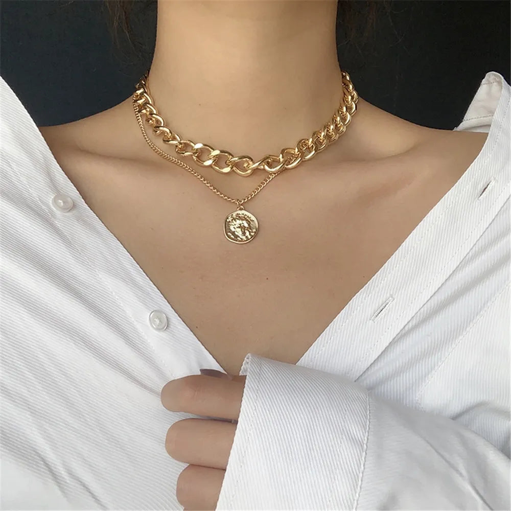 Hip Hop Coin Pendant Chain Necklace for Women – Adjustable Layered Punk Style in Gold & Silver Tone