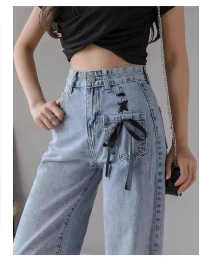 High-Waisted Wide-Leg Denim Jeans with Front Pocket Bow | Casual Loose Fit Street Style Pants for Women