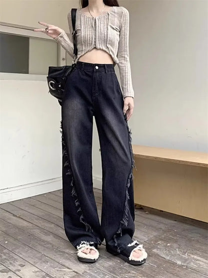 Vintage High-Waisted Wide-Leg Jeans with Fringe Details | Black Straight-Fit Streetwear Denim Pants for Women