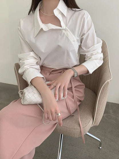 Korean Style Plaid Shirt for Women | Asymmetrical Button Long Sleeve Pastel Blouse | Light Blue Cotton Casual Top