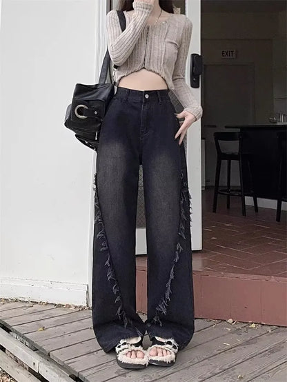 Vintage High-Waisted Wide-Leg Jeans with Fringe Details | Black Straight-Fit Streetwear Denim Pants for Women