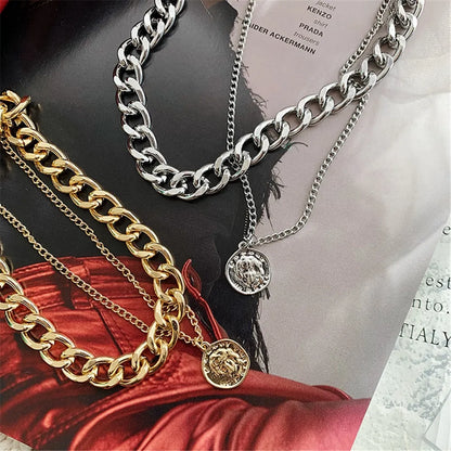 Hip Hop Coin Pendant Chain Necklace for Women – Adjustable Layered Punk Style in Gold & Silver Tone