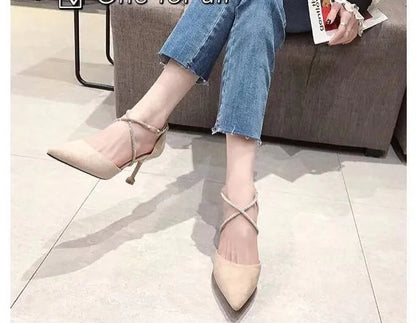 Pointed Toe Diamond Strap Stiletto Heels – Elegant 3-Inch Slip-On Pumps for Women