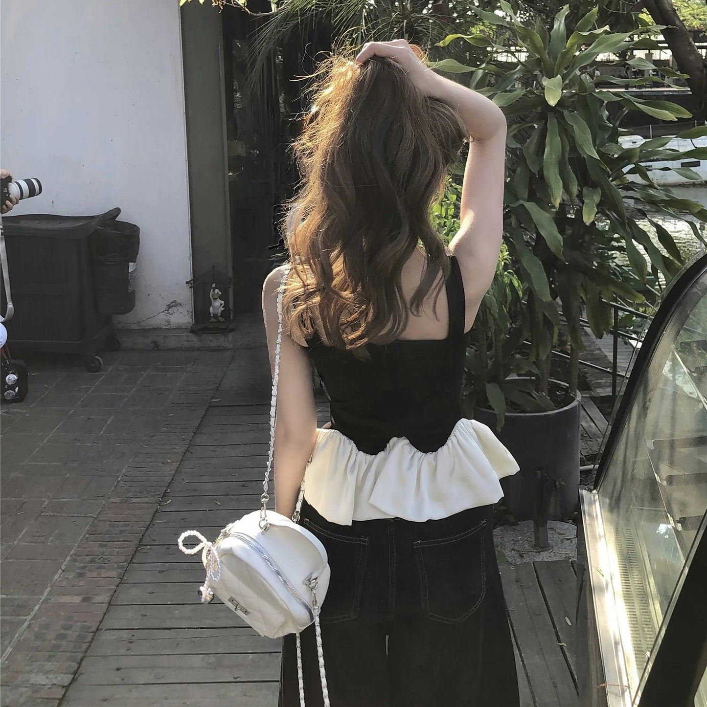 Black U-Neck Peplum Crop Top with Cream Ruffle Hem – Sleeveless Minimalist Aesthetic Tank