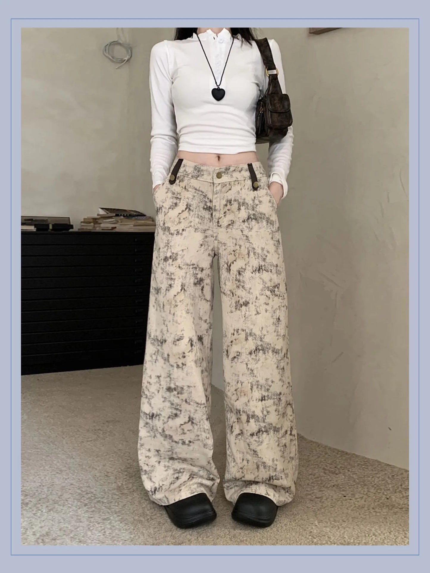 High-Waisted Tie-Dye Tapered Denim Pants – Vintage Style with Back Pockets, Khaki Fit