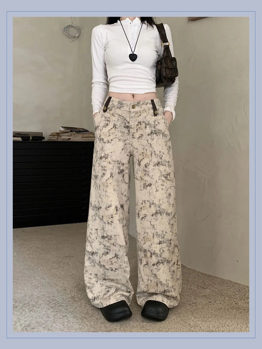 High-Waisted Tie-Dye Tapered Denim Pants – Vintage Style with Back Pockets, Khaki Fit