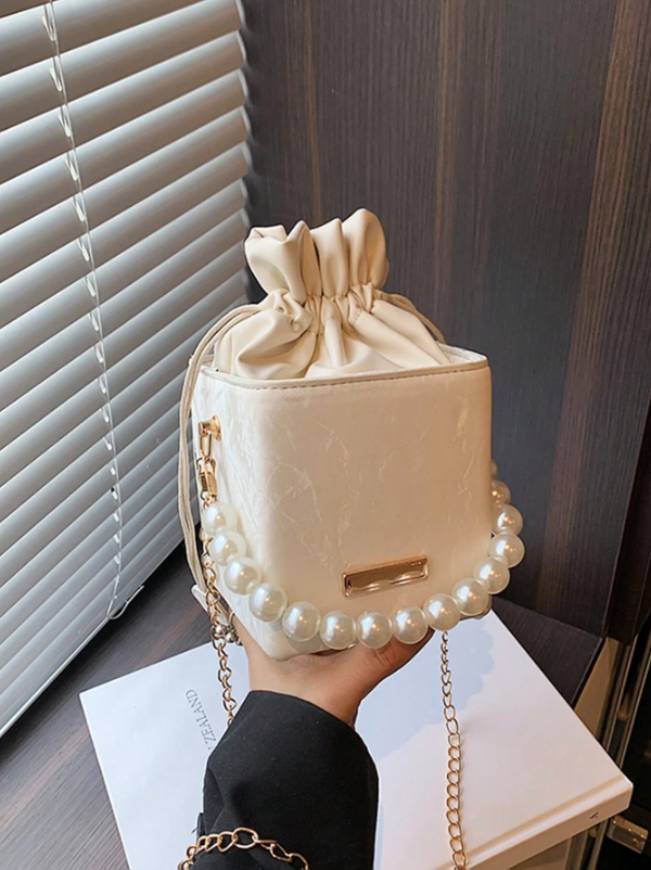 Mini Acrylic Pleated Drawstring Bag – Trendy Pearl Decor Handbag | Geometric Box Clutch