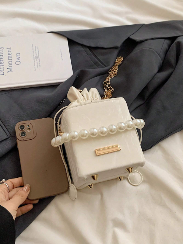 Mini Acrylic Pleated Drawstring Bag – Trendy Pearl Decor Handbag | Geometric Box Clutch