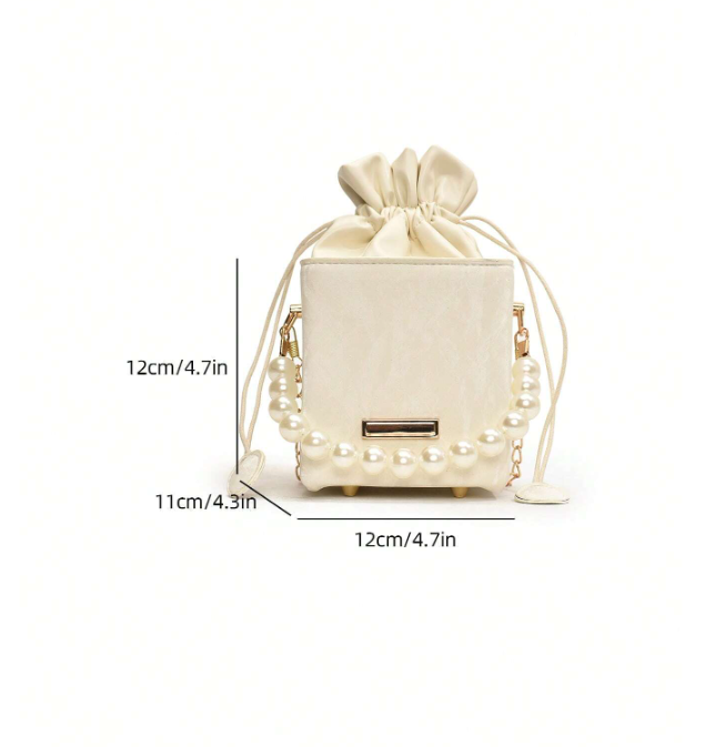 Mini Acrylic Pleated Drawstring Bag – Trendy Pearl Decor Handbag | Geometric Box Clutch