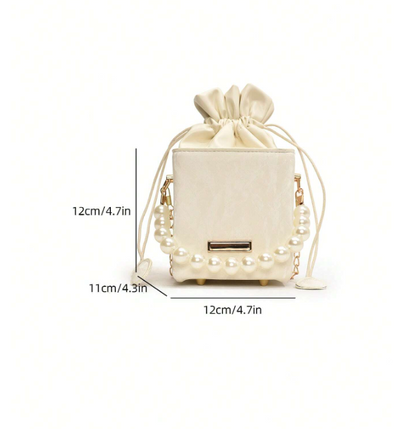 Mini Acrylic Pleated Drawstring Bag – Trendy Pearl Decor Handbag | Geometric Box Clutch