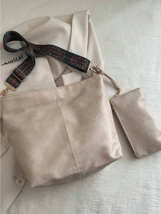 Summer PU Leather Tote Bag – Crossbody Shoulder Bucket Bag with Chain Detail & Large Capacity
