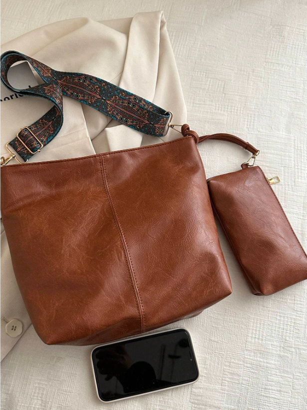Summer PU Leather Tote Bag – Crossbody Shoulder Bucket Bag with Chain Detail & Large Capacity