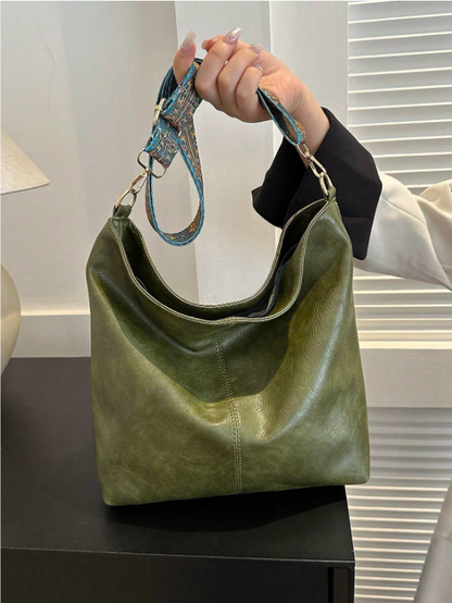 Summer Shoulder Tote Bucket Bag – Large Capacity PU Leather Handbag with Adjustable Strap & Chic Chain Detail