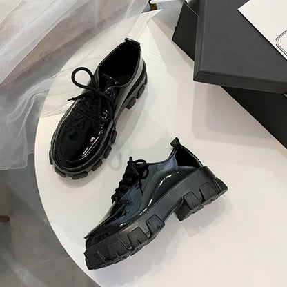 Chunky Platform PU Leather Lace-Up Shoes for Women – Mirror & Matte Black JK Style Loafers