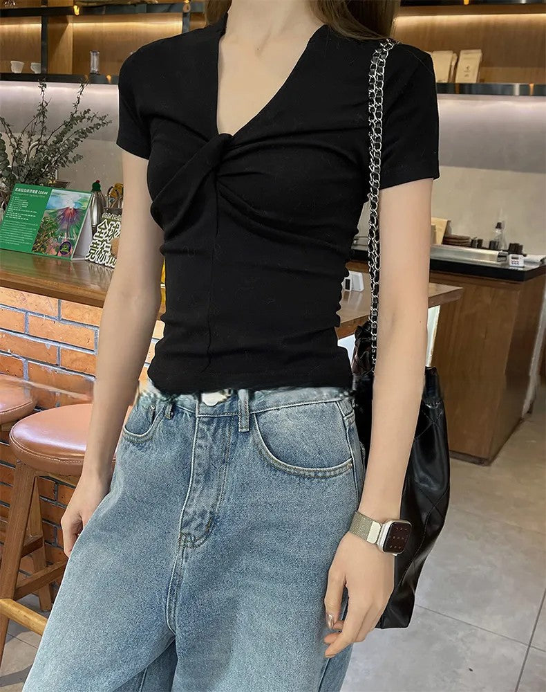 Basic Pleated V-Neck T-Shirt | Slim Fit Short Sleeve Solid Top | Casual Cute Style