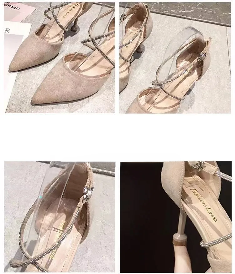 Pointed Toe Diamond Strap Stiletto Heels – Elegant 3-Inch Slip-On Pumps for Women