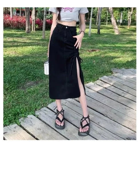 Denim Midi Skirt with Side Slits
