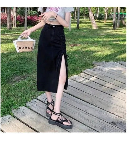 Denim Midi Skirt with Side Slits