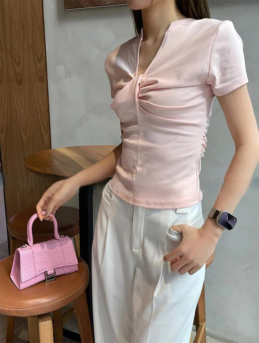 Basic Pleated V-Neck T-Shirt | Slim Fit Short Sleeve Solid Top | Casual Cute Style