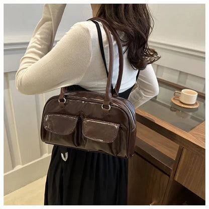 PU Leather Shoulder Handbag – Luxe Gloss Finish & Dual Front Pockets