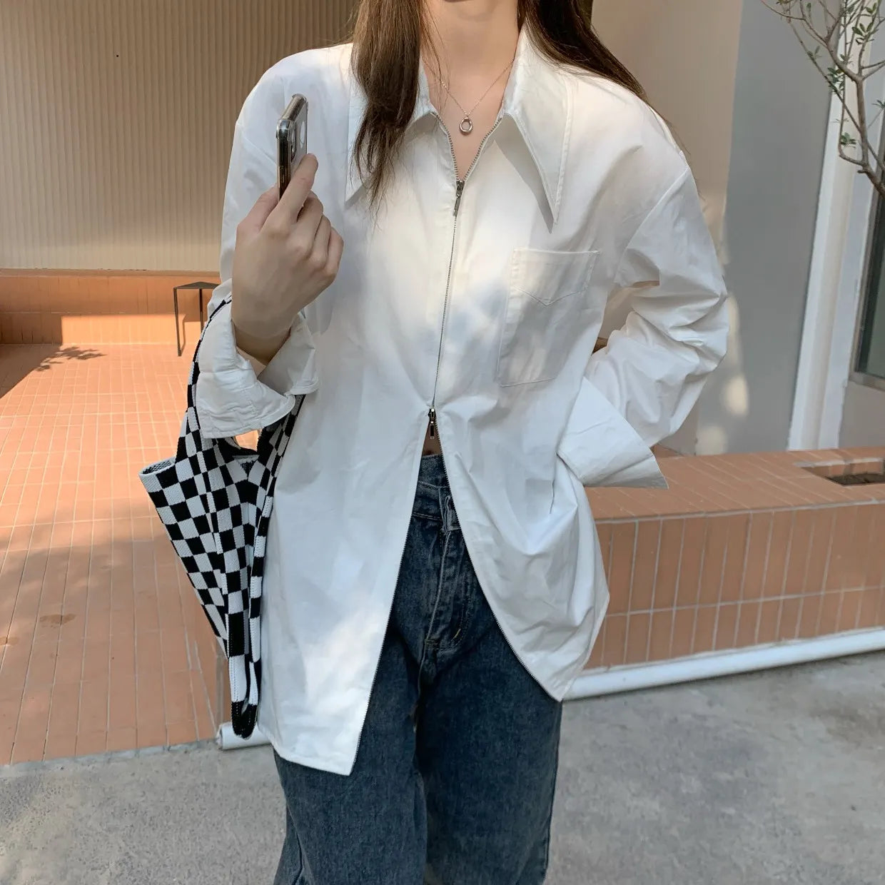 Korean Style Oversized Zipper Shirt for Women | Long Sleeve Minimalist Lapel Top | Trendy Look