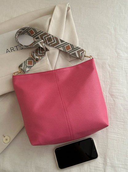 Summer Shoulder Tote Bucket Bag – Large Capacity PU Leather Handbag with Adjustable Strap & Chic Chain Detail