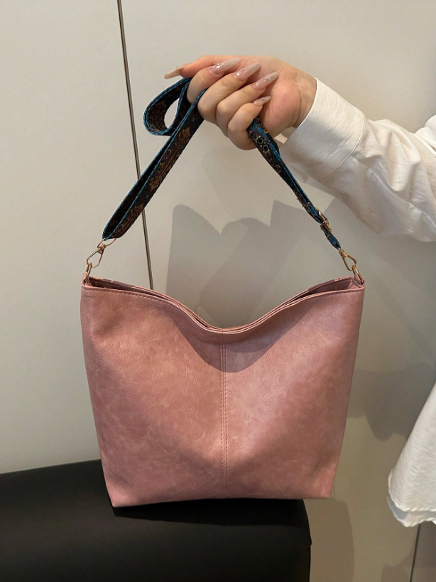 Summer Shoulder Tote Bucket Bag – Large Capacity PU Leather Handbag with Adjustable Strap & Chic Chain Detail