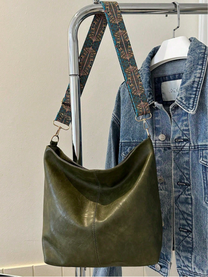 Summer Shoulder Tote Bucket Bag – Large Capacity PU Leather Handbag with Adjustable Strap & Chic Chain Detail