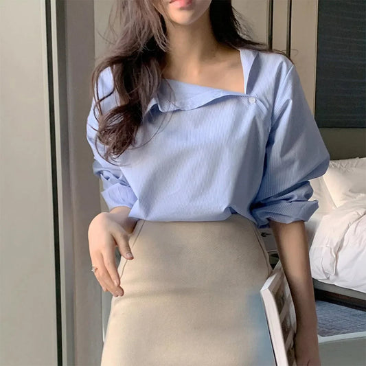 Korean Style Plaid Shirt for Women | Asymmetrical Button Long Sleeve Pastel Blouse | Light Blue Cotton Casual Top