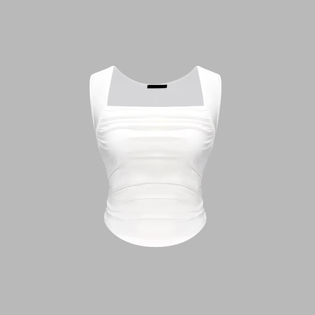 Women’s Sleeveless Ruched Tank Top with Pleated Hem & Square Neck | Casual Summer Fitted Top