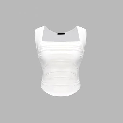 Women’s Sleeveless Ruched Tank Top with Pleated Hem & Square Neck | Casual Summer Fitted Top
