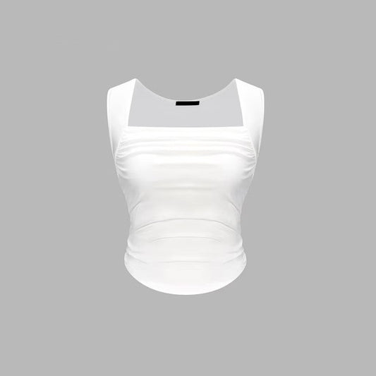 Women’s Sleeveless Ruched Tank Top with Pleated Hem & Square Neck | Casual Summer Fitted Top