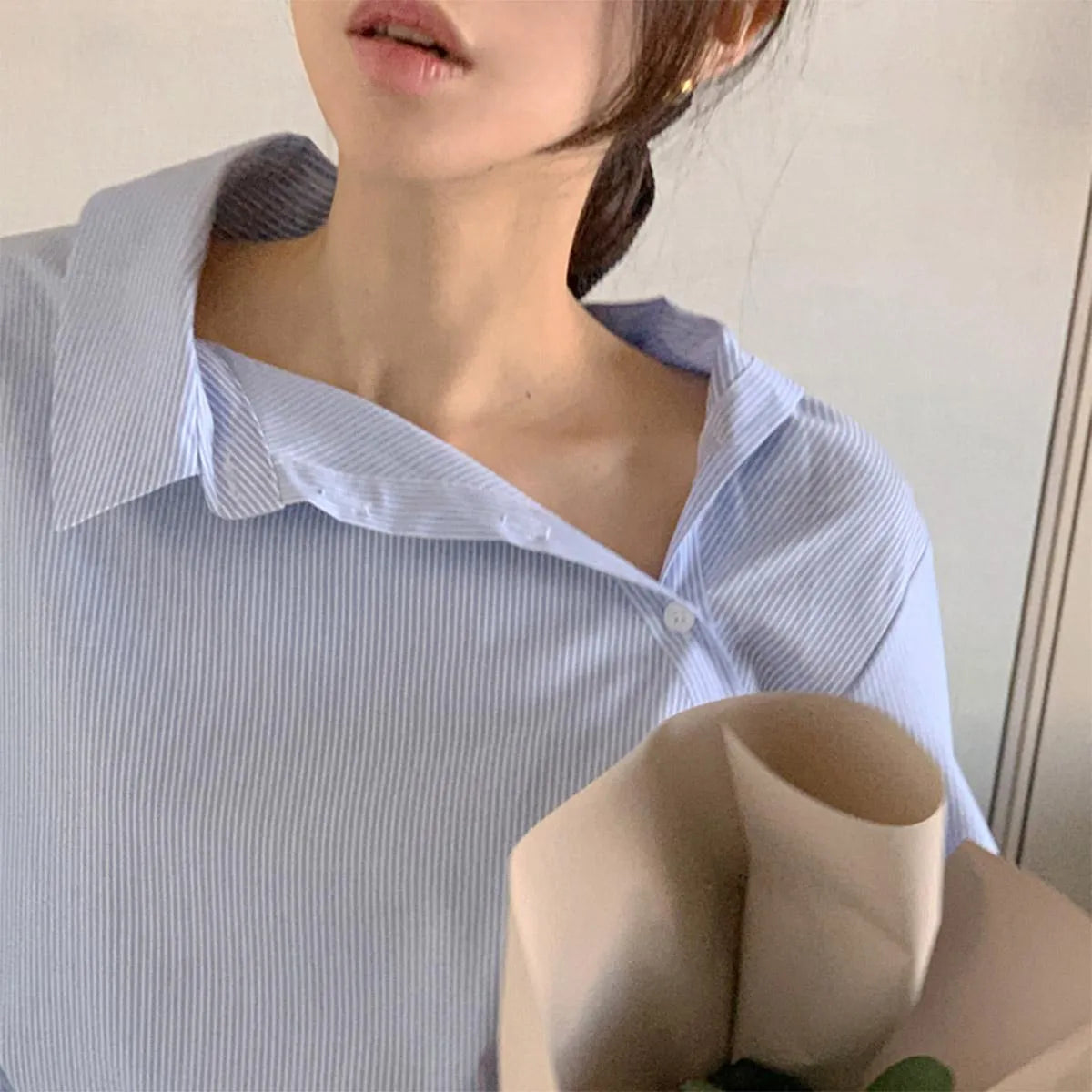 Korean Style Plaid Shirt for Women | Asymmetrical Button Long Sleeve Pastel Blouse | Light Blue Cotton Casual Top