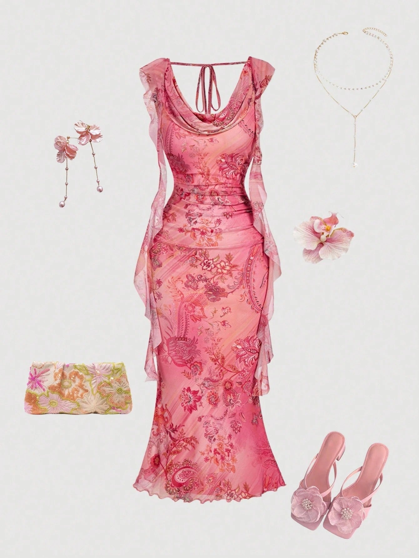Fashzeo women's pink floral print midi dress with cowl neck, backless ruched design and ruffle trim detailing.