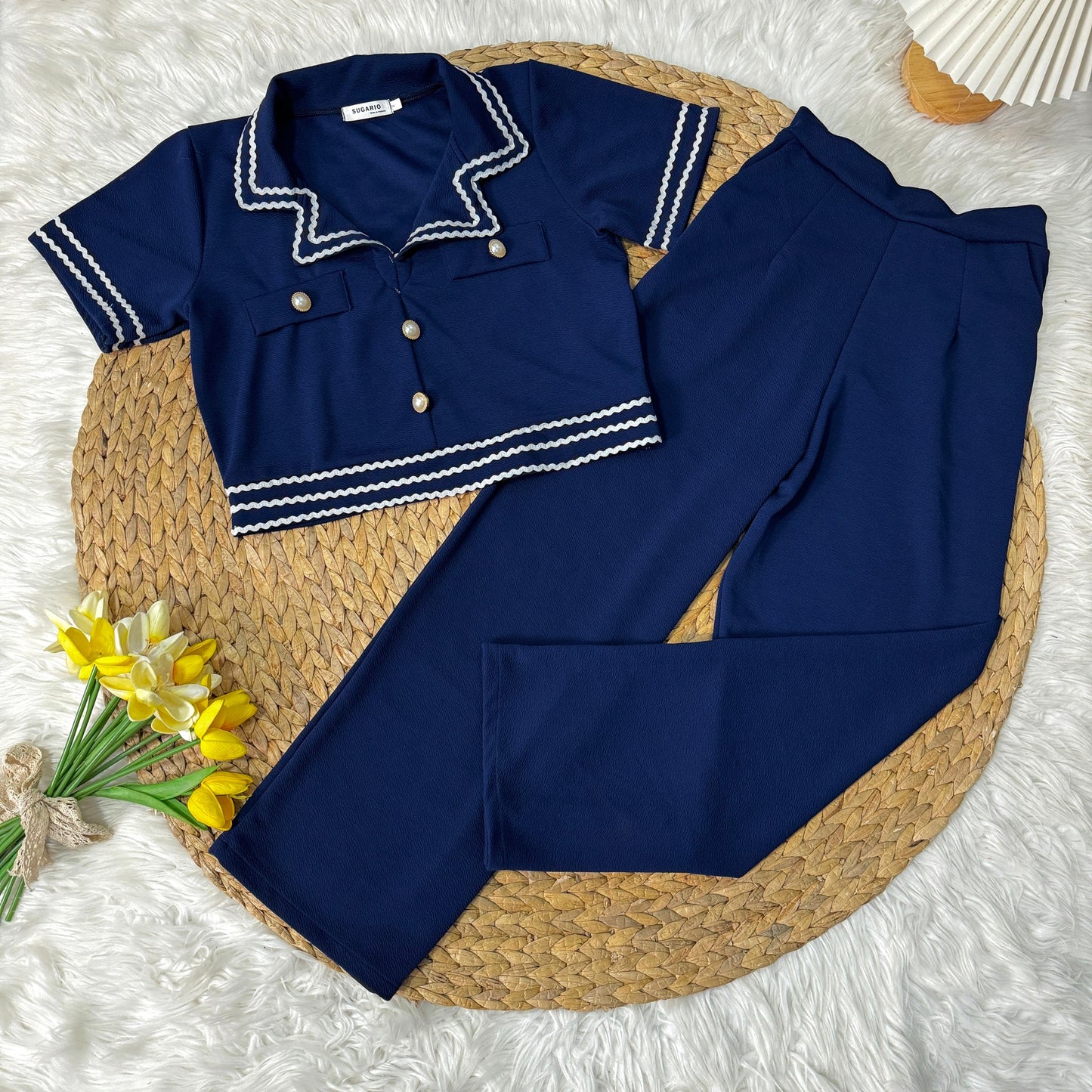 Wool Wave Co-ord Set with Collared Crop Top & Smocked Waist Pants | Chic Two-Piece Outfit