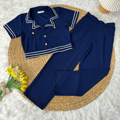 Wool Wave Co-ord Set with Collared Crop Top & Smocked Waist Pants | Chic Two-Piece Outfit