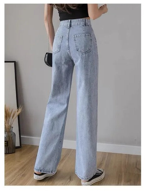 High-Waisted Wide-Leg Denim Jeans with Front Pocket Bow | Casual Loose Fit Street Style Pants for Women