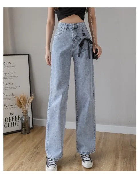 High-Waisted Wide-Leg Denim Jeans with Front Pocket Bow | Casual Loose Fit Street Style Pants for Women