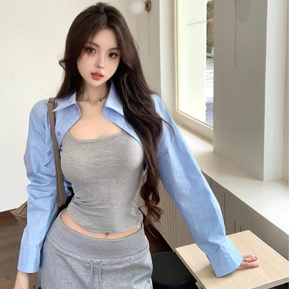 Korean Street Style Long Sleeve Cropped Polo Shirt for Women – Casual Minimalist Cotton Top for Layering & Daily Wear