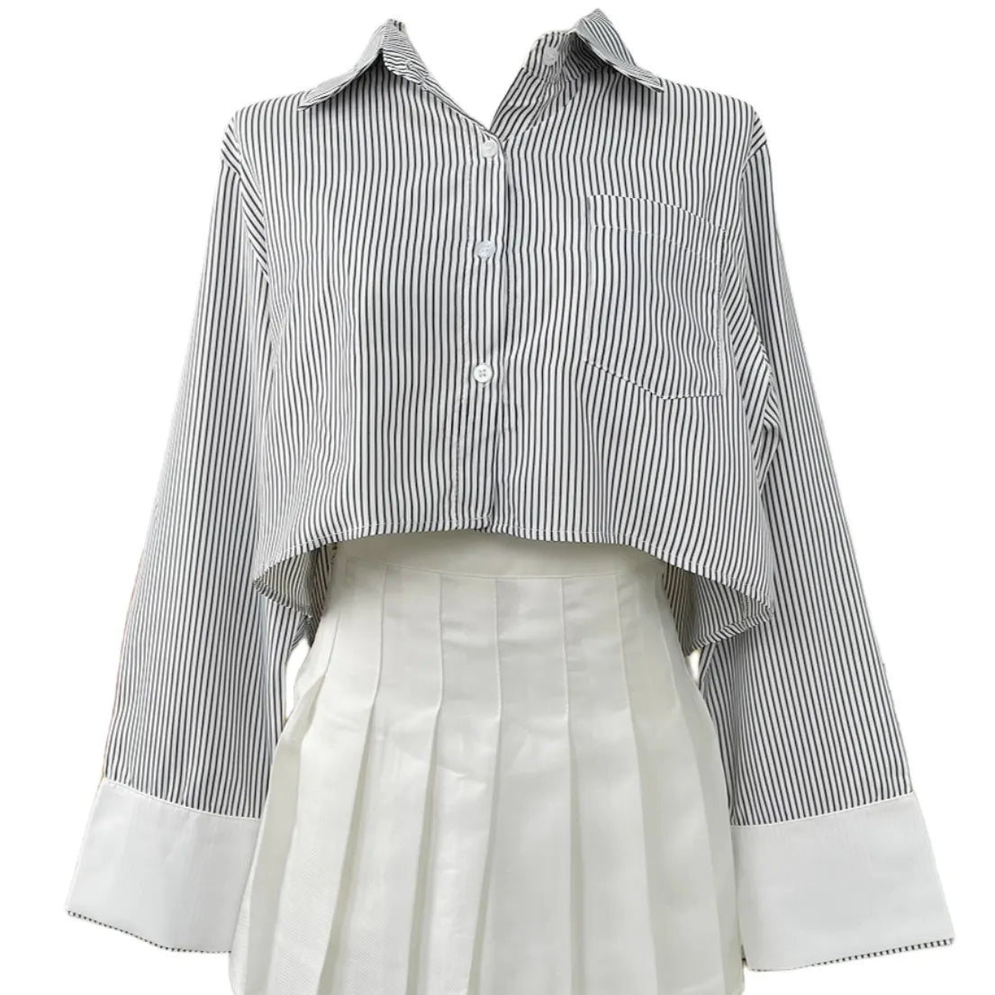 Korean Style Striped Crop Shirt for Women | Oversized Button-Up Long Sleeve Shirt with Asymmetric Hem