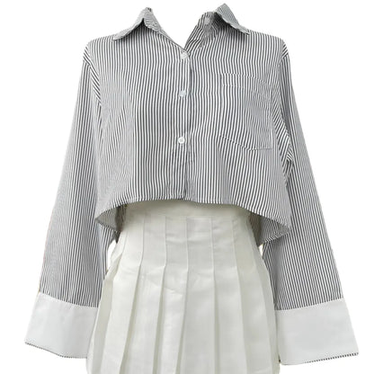 Korean Style Striped Crop Shirt for Women | Oversized Button-Up Long Sleeve Shirt with Asymmetric Hem