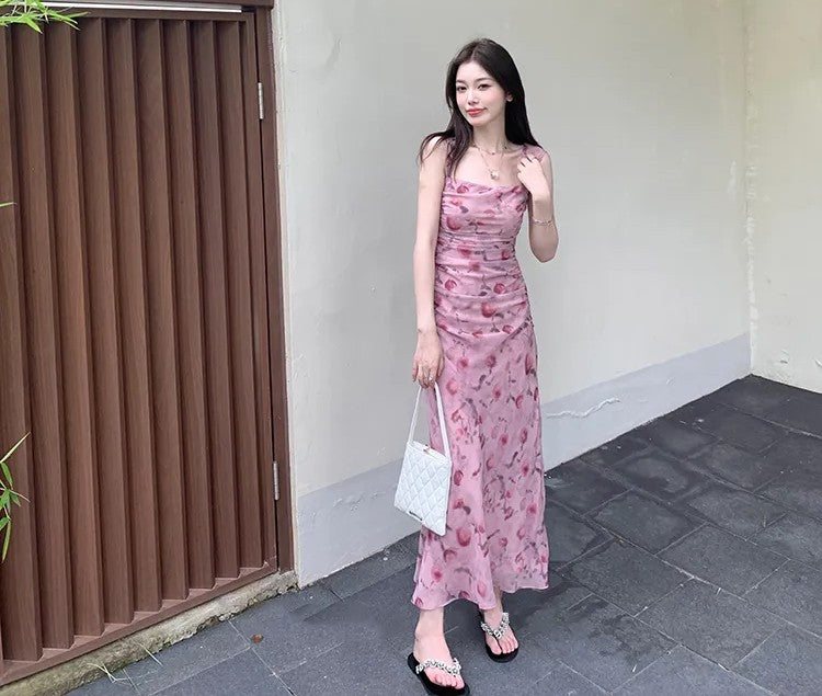 Pink Floral Strapless Midi Dress – Vintage-Inspired Pleated Summer Dress