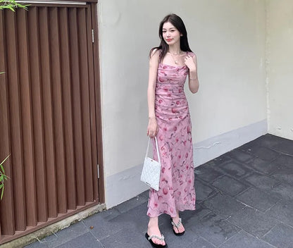 Pink Floral Strapless Midi Dress – Vintage-Inspired Pleated Summer Dress